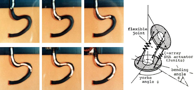 Elastorの動き（左、「東工大名誉教授 広瀬茂男 ロボット・ギャラリー」より）、そのメカニズム（右、[広瀬ら, 1983]より）